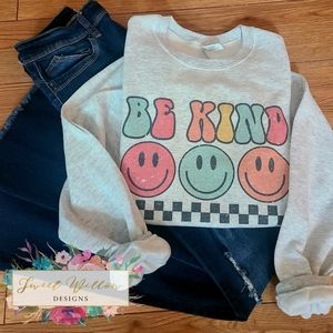 Be Kind Retro Checkered Cozy Graphic Crewneck Sweatshirt